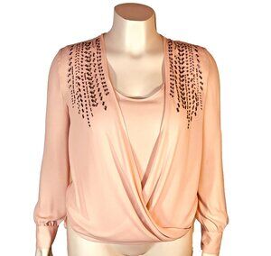 Cache Blouse Womens S Light Pink Silver Sequined Balloon Hem Hi-Lo Wrap Front